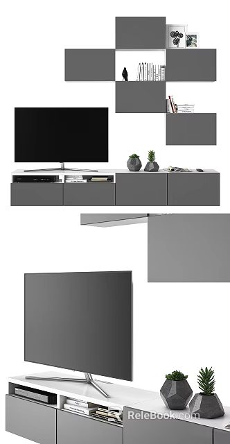Sleek Modern TV Stand With TV Drawers And Decorative Plants For Living Room 3d model 