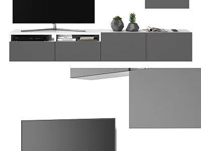 Sleek Modern TV Stand With TV Drawers And Decorative Plants For Living Room 3d model