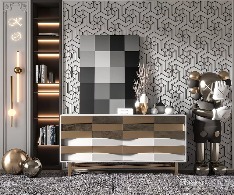 Luxury Modern Console Table and Side Cabinet Interior With Geometric Wallpaper Sculpture and Marble Top 3d model 