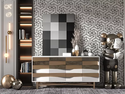 Luxury Modern Console Table and Side Cabinet Interior With Geometric Wallpaper Sculpture and Marble Top 3d model