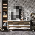 Luxury Modern Console Table and Side Cabinet Interior With Geometric Wallpaper Sculpture and Marble Top