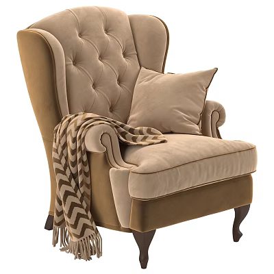 Beige Tufted Back Accent Chair With Armrests Throw Pillow And Chevron Blanket 3d model
