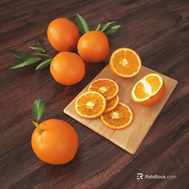 Fresh Oranges Whole And Sliced On Wooden Cutting Board With Green Leaves 3d model 