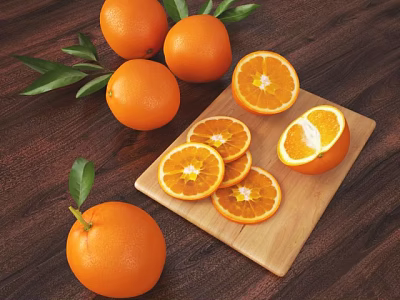 Fresh Oranges Whole And Sliced On Wooden Cutting Board With Green Leaves 3d model