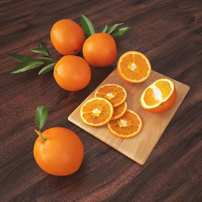 Fresh Oranges Whole And Sliced On Wooden Cutting Board With Green Leaves 3d model