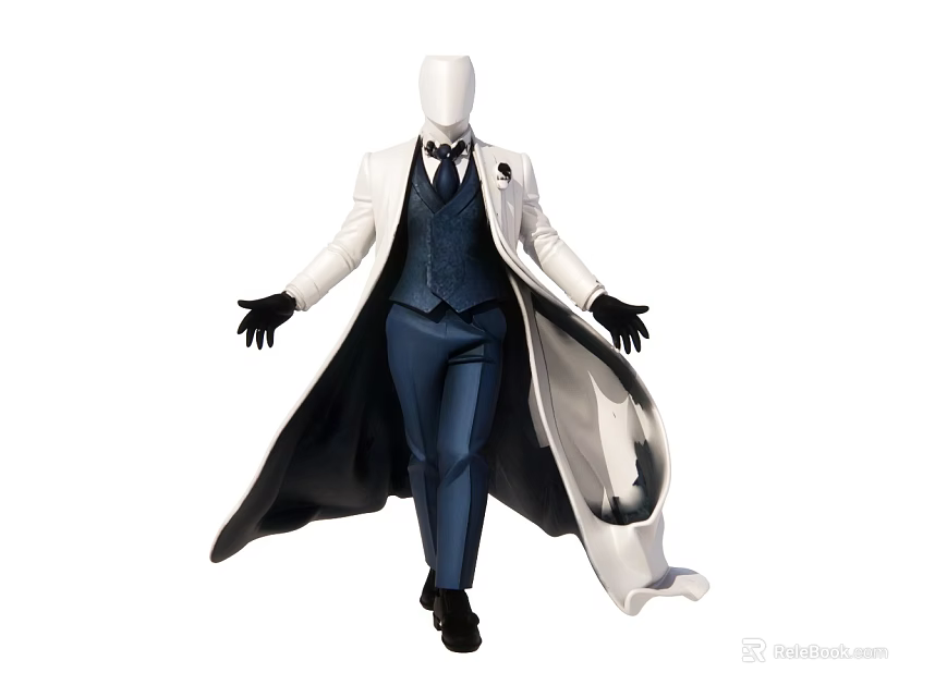 Male Model Wearing White Long Coat Blue Vest Blue Pants And Black Gloves 3d model 