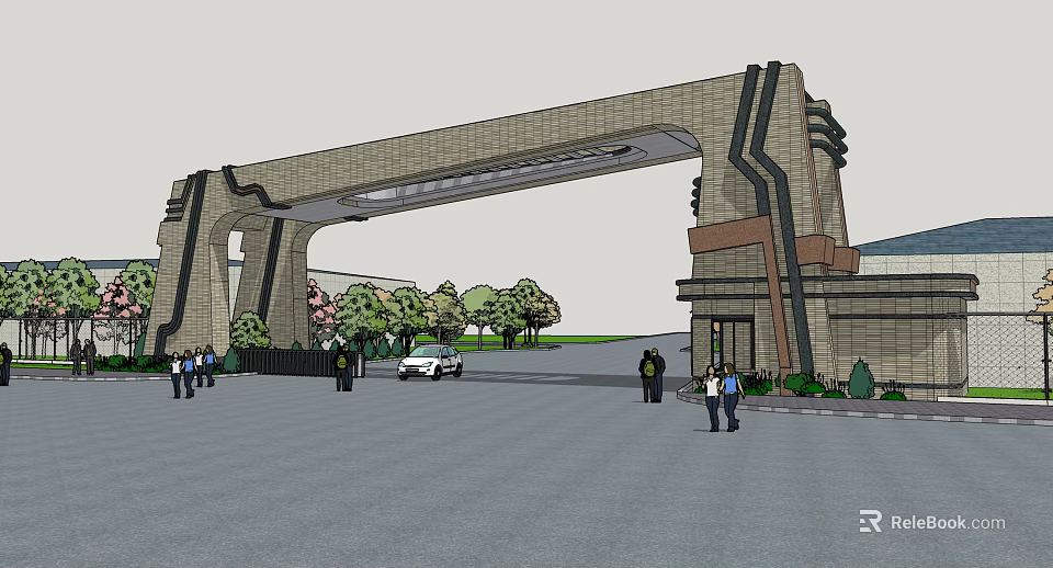 Grand Stone Arched Entrance Gate With Greenery Pedestrians And Passing Cars 3d model 