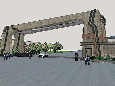 Grand Stone Arched Entrance Gate With Greenery Pedestrians And Passing Cars 3d model