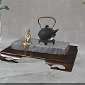 Minimalist Interior Display Black Teapot With Wooden Tray Stone Slab And Golden Buddha Statue