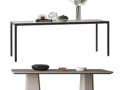 Modern Minimalist Dining Table with Sleek Legs Decorative Items Books Vase and Plant 3d model