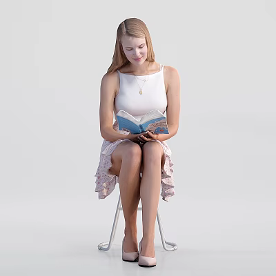 Young Woman Sitting On Stool Reading Open Book In White Tank Top 3d model Young Woman Sitting On Stool Reading Open Book In White Tank Top 3d model