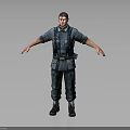 Male Character in Dark Blue Uniform Standing with Arms Outstretched on Grey Gradient Background