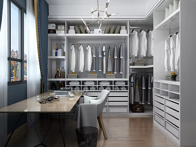 Home Office Desk With Chair Wooden Floor Blue Curtains Chandelier And Wardrobe With Clothes 3d model