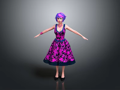 Purple Haired Character In Purple Floral Dress With Outstretched Arms On Gray Background 3d model