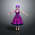Purple Haired Character In Purple Floral Dress With Outstretched Arms On Gray Background