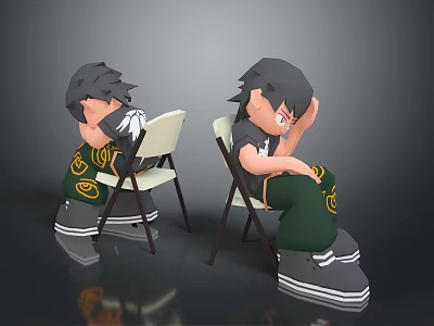 Two 3D Cartoon Characters Sitting On White Folding Chairs With Green Pants And Black Shirts 3d model