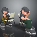 Two 3D Cartoon Characters Sitting On White Folding Chairs With Green Pants And Black Shirts
