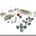 Modern Café Lounge With Colorful Table and Chair Sets Round Rectangular Tables and Hanging Lights