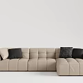 Modern L Shaped Beige Leather Sectional Sofa with Black and Patterned Cushions 3d model