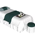 Comfortable Massage Bed With White Sheets Dark Green Blanket Pillow Tray And Stool 3d model