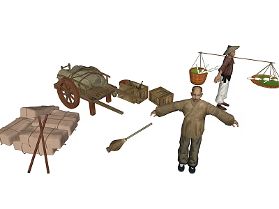 Two People With Cart Goods And Carrying Pole 3d model