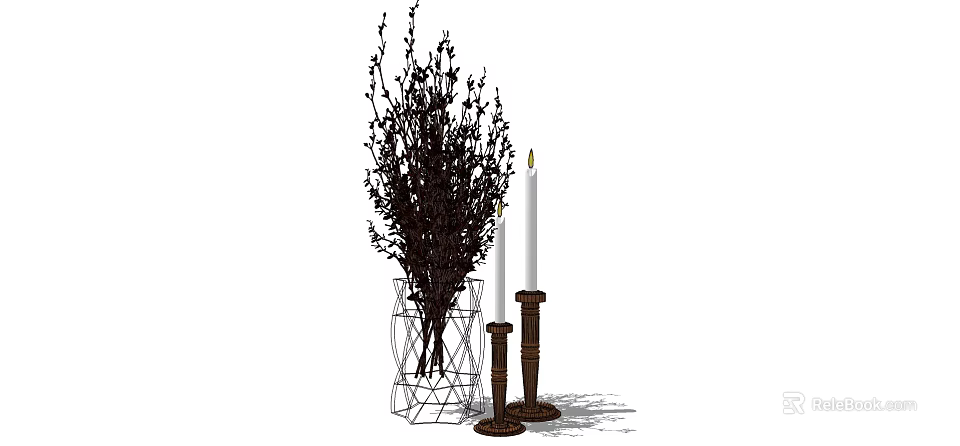 Geometric Transparent Vase With Branches And Small Leaves Alongside Brown Candle Holders With White Candles 3d model 