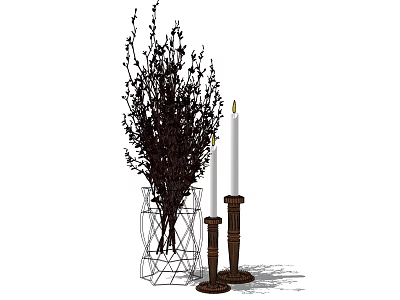 Geometric Transparent Vase With Branches And Small Leaves Alongside Brown Candle Holders With White Candles 3d model