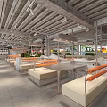 Industrial Style Restaurant Interior With Open Layout Green Plants Metal Tables And Orange Seats