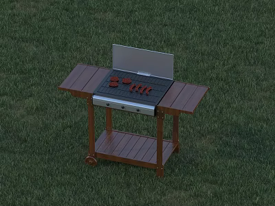 Outdoor Barbecue Grill With Wooden Frame Metal Cooking Grill Wheels And Tabletop On Green Grass 3d model