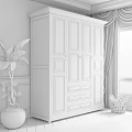 Dark Brown Wooden Wardrobe with Green Curtains Window Plant and White Planter