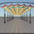 Colorful Event Entrance Arch With Decorative Canopy And Lined Street Lamps