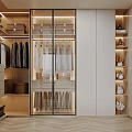 Modern Wardrobe Interior With Glass Doors Hanging Clothes Shelves Drawers And Built-in Lighting