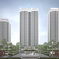 Modern High Rise Residential Buildings Featuring Glass Curtain Walls Street Lamps And Tree Surrounded Entrance
