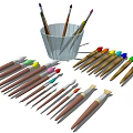Assorted Art Paintbrushes With Colored Tips Various Sizes And Wooden Handles In Transparent Holder