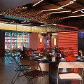 Vibrant Restaurant Interior With Neon Signs Tropical Plant Patterns Red Yellow Tones And Modern Seating
