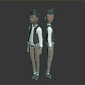 3D Game Movie Character Two Views With White Shirt Black Vest Khaki Pants Gray Shoes