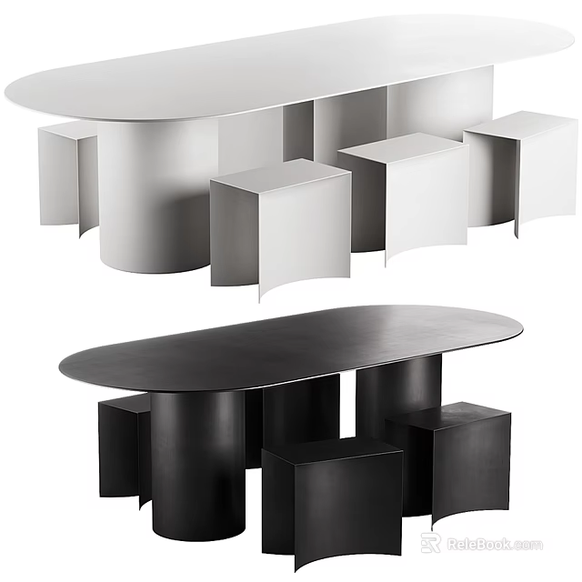 Modern Minimalist Black and White Dining Table Set With Oval Table And Square Stools 3d model