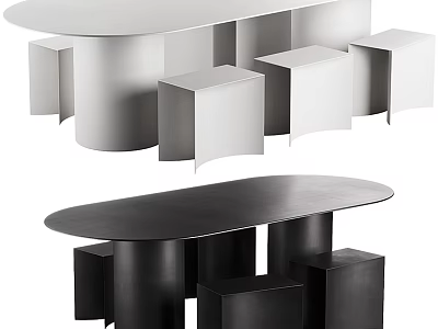 Modern Minimalist Black and White Dining Table Set With Oval Table And Square Stools 3d model