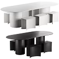 Modern Minimalist Black and White Dining Table Set With Oval Table And Square Stools 3d model