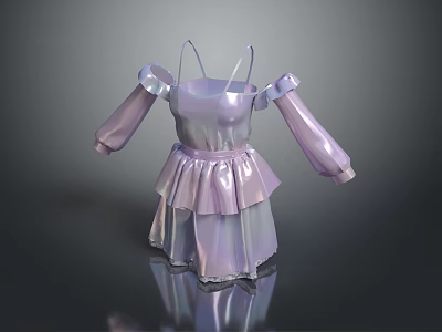 Stylish Purple Iridescent Dress With Spaghetti Straps Puffed Sleeves And Layered Skirt Shiny Material 3d model