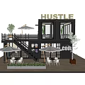 Modern Container Building With Outdoor Terrace Staircase Umbrellas Cool Hustle Signs And Plants