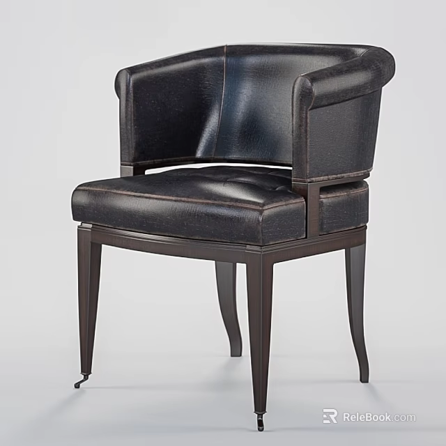 Dark Leather Leisure Chair With Curved Armrest And Wooden Legs Design 3d model 