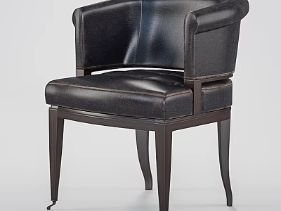 Dark Leather Leisure Chair With Curved Armrest And Wooden Legs Design 3d model