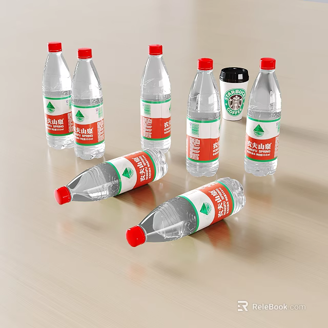 Natural Mineral Water Bottles with Small Cup on Wooden Table Surface 3d model 