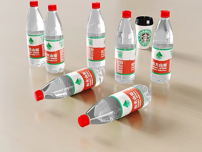 Natural Mineral Water Bottles with Small Cup on Wooden Table Surface 3d model