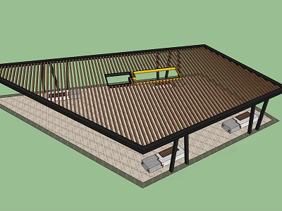 Outdoor Pergola Design With Wooden Slatted Roof And Grid Pattern Floor 3d model