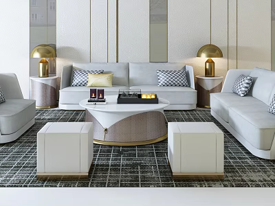 Elegant Modern Living Room Sofa Coffee Table Set With Gray Sofas Gold Accents And Ottomans 3d model