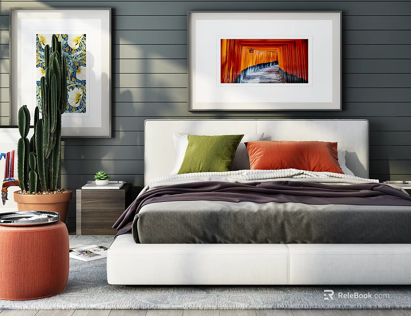 Modern Bedroom Double Bed With Green Orange Pillows Framed Paintings Cactus And Nightstand 3d model 