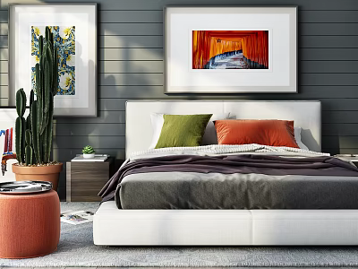 Modern Bedroom Double Bed With Green Orange Pillows Framed Paintings Cactus And Nightstand 3d model