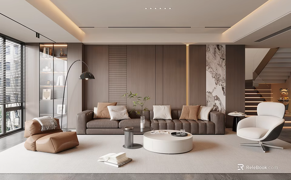 Modern Duplex Living Room With Gray Sofa Brown Armchair Round Coffee Table And Wooden Wall 3d model 